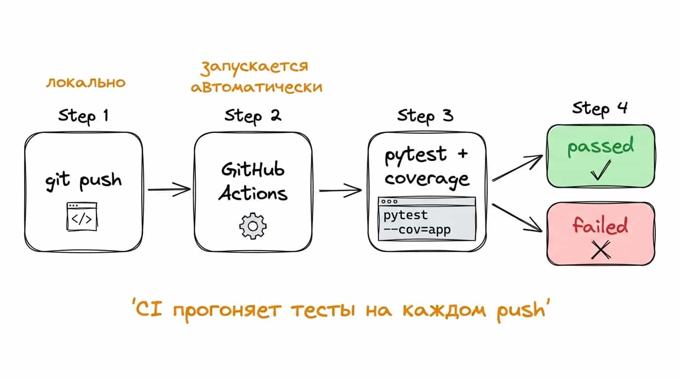Иллюстрация: git push → GitHub Actions запускается автоматически → pytest + coverage → ветка результата passed (зелёный) или failed (красный)