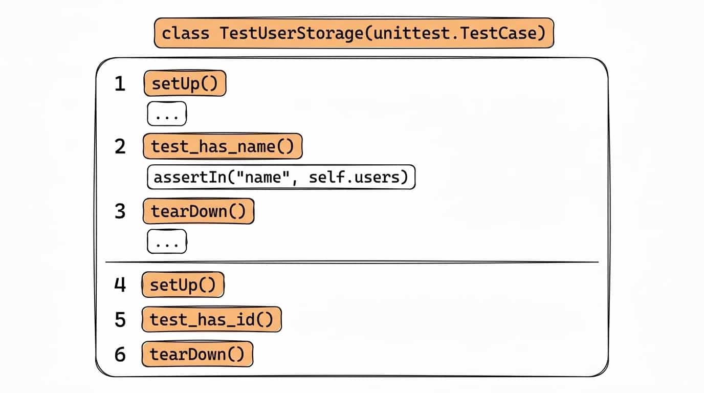 Иллюстрация: класс TestUserStorage(unittest.TestCase), внутри последовательность шагов 1.setUp 2.test_has_name 3.tearDown 4.setUp 5.test_has_id 6.tearDown — для каждого теста setUp и tearDown запускаются заново