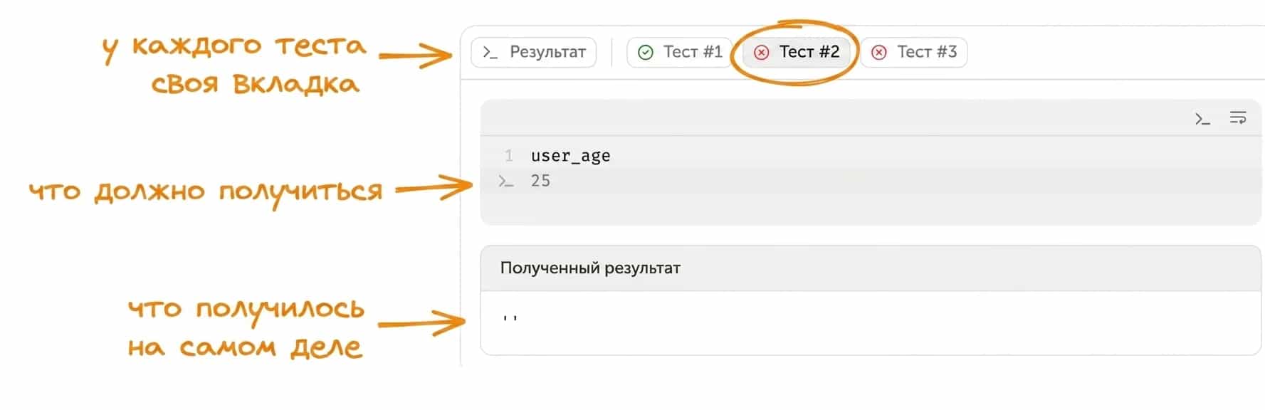 Как читать результат: у каждого теста своя вкладка, галочка означает зачёт, у непройденного теста видно полученное значение